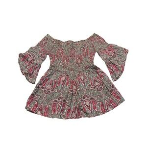 Hollister XS Smocked Paisley Bell Sleeve Top green Boho forest fairy indie red